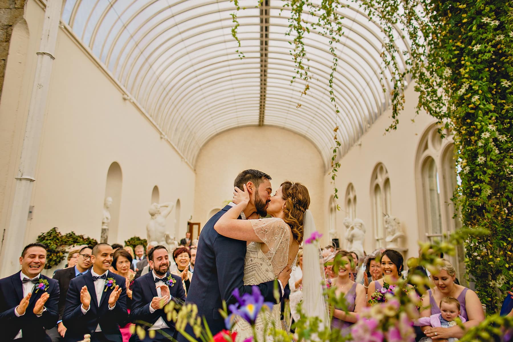 Bride Groom First Kiss Kilruddery House Ireland Wedding Photographer,